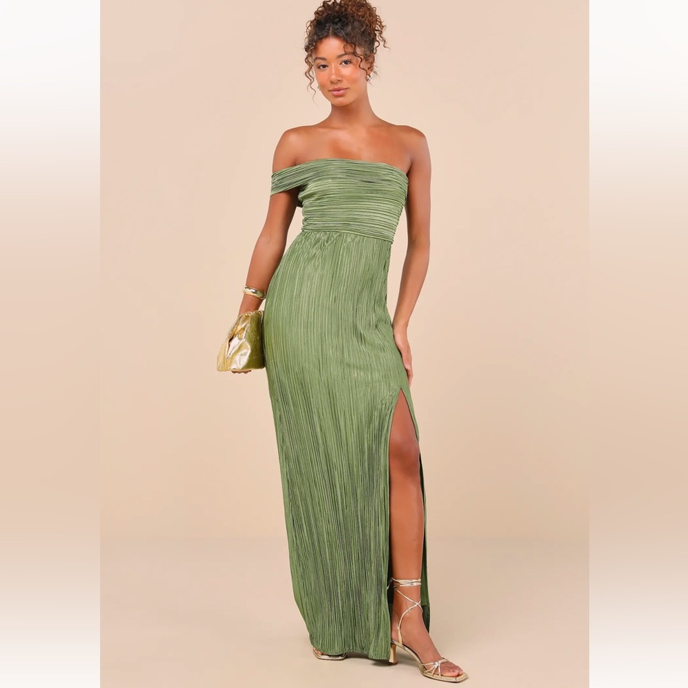 Lulu's Olive Green Strapless Ruched Maxi Dress with Side Slit